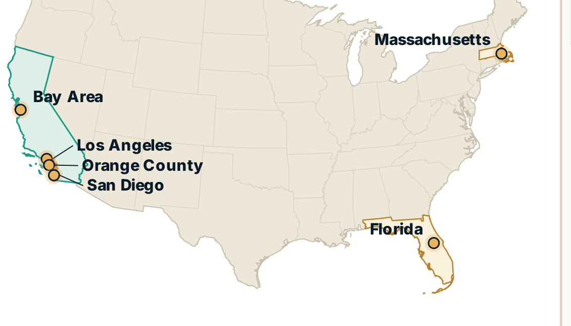 U.S. map of Green Future solar projects: California (San Diego, Los Angeles, Orange County, Bay Area), plus Massachusetts and Florida.